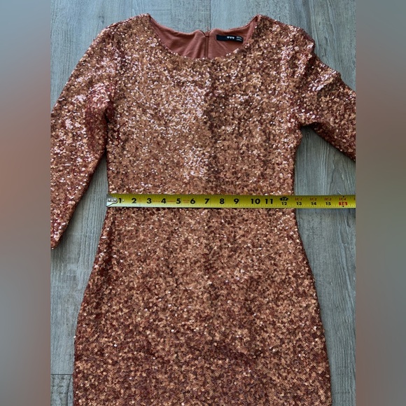 ASOS Rose Gold Sequin Mini Dress Long Sleeve Bodycon Party Cocktail Medium - Picture 9 of 15